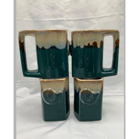 4 PC Rodolfo Padilla Artist Signed Drip Glazed Coffee Cup Mug Emerald Green - Picture 1 of 12